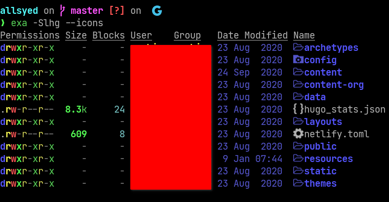 output of exa with few flags