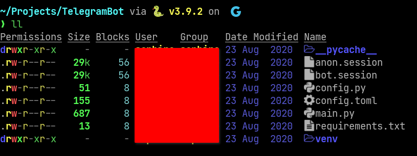 output of exa with few flags