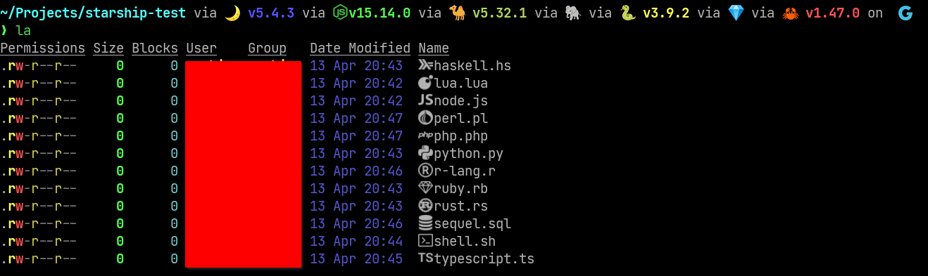 output of exa with few flags