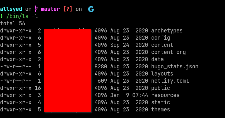 output of ls -la